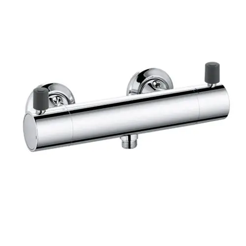 Kromfarbener Brause-Thermostat von Kludi mit zwei Reglertasten, zum Einstellen der Wassertemperatur. Einsatz in Duschen zur Regulierung von warmem Wasser.